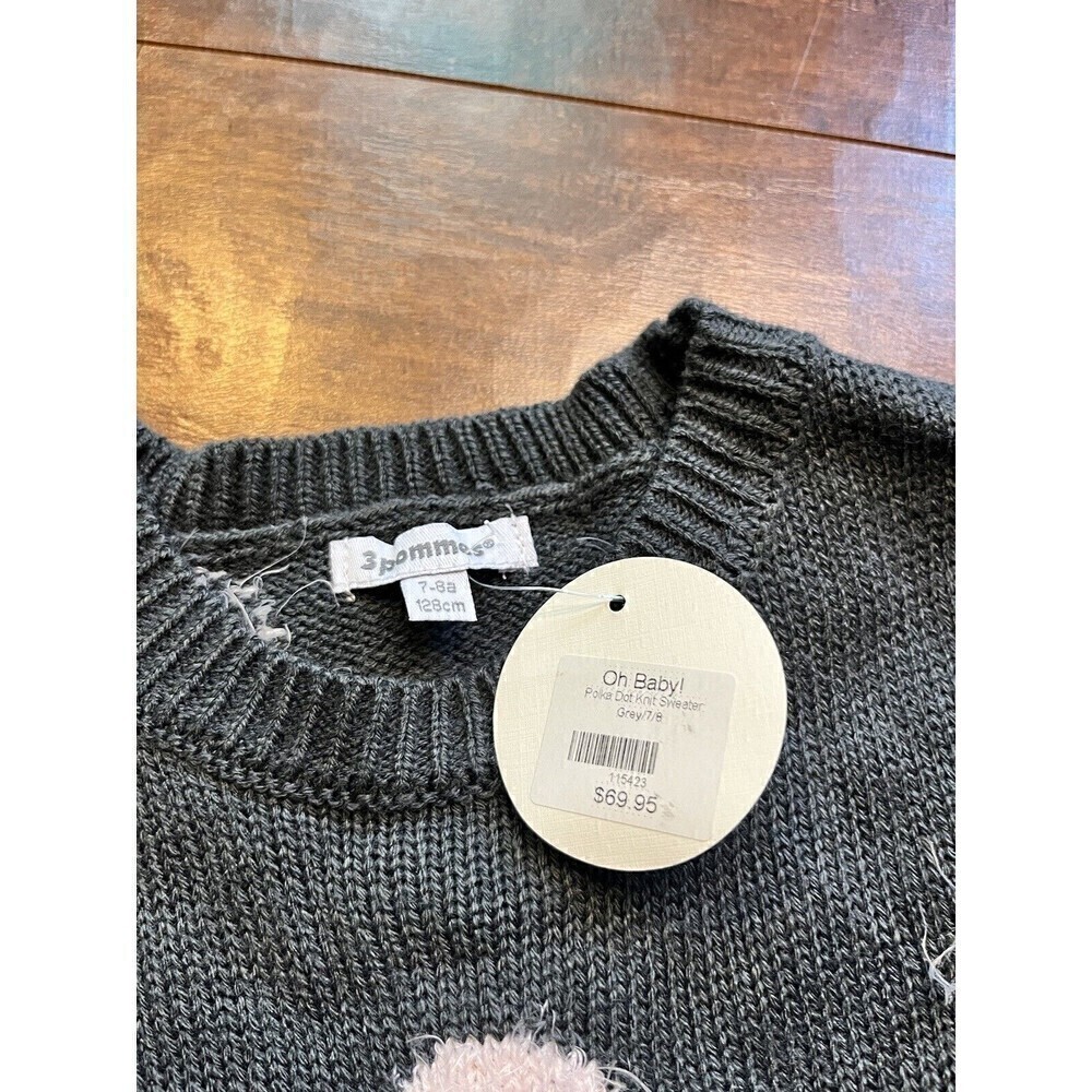 3 Pommes Oh Baby Polka Dot Knit Sweater Grey Girls Size 7-8 - Picture 3 of 6